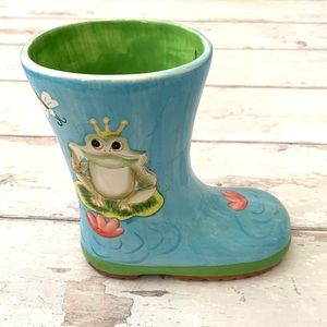 Ceramic Rain Boot Wellie Planter Vase Blue Green Frog Prince Design 6.5in Tall